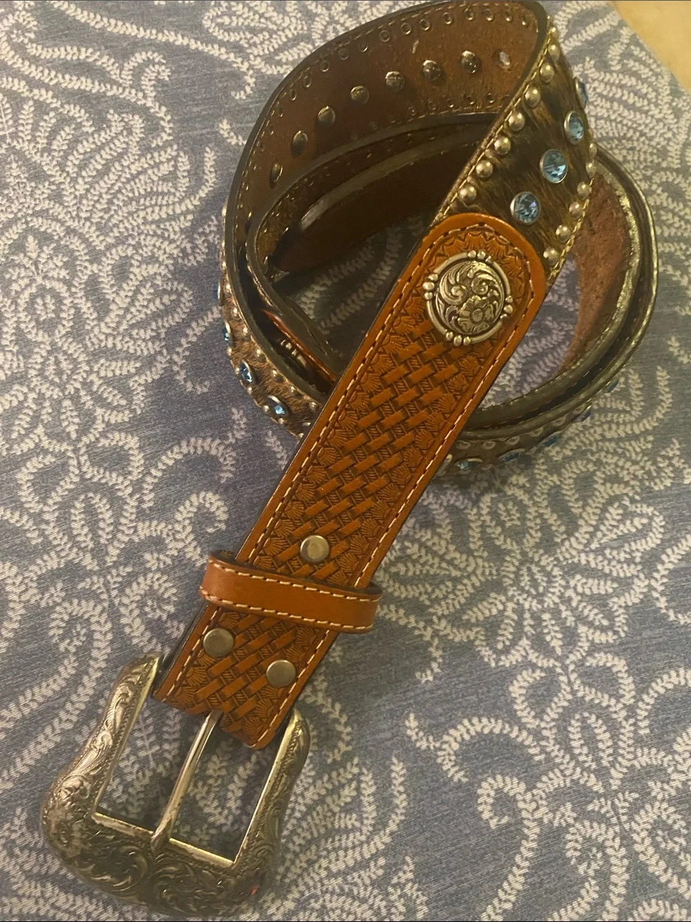 Nocona Hair On Hide Tooled Leather Belt Blue Rhinestone Boho Cowgirl Buckle Sz36